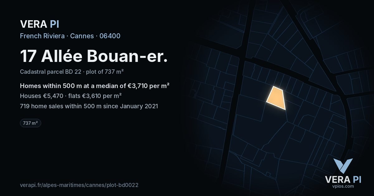 17 Allée Bouan-er, Cannes at night – the plot lit, the parcels around coloured by the prices near them