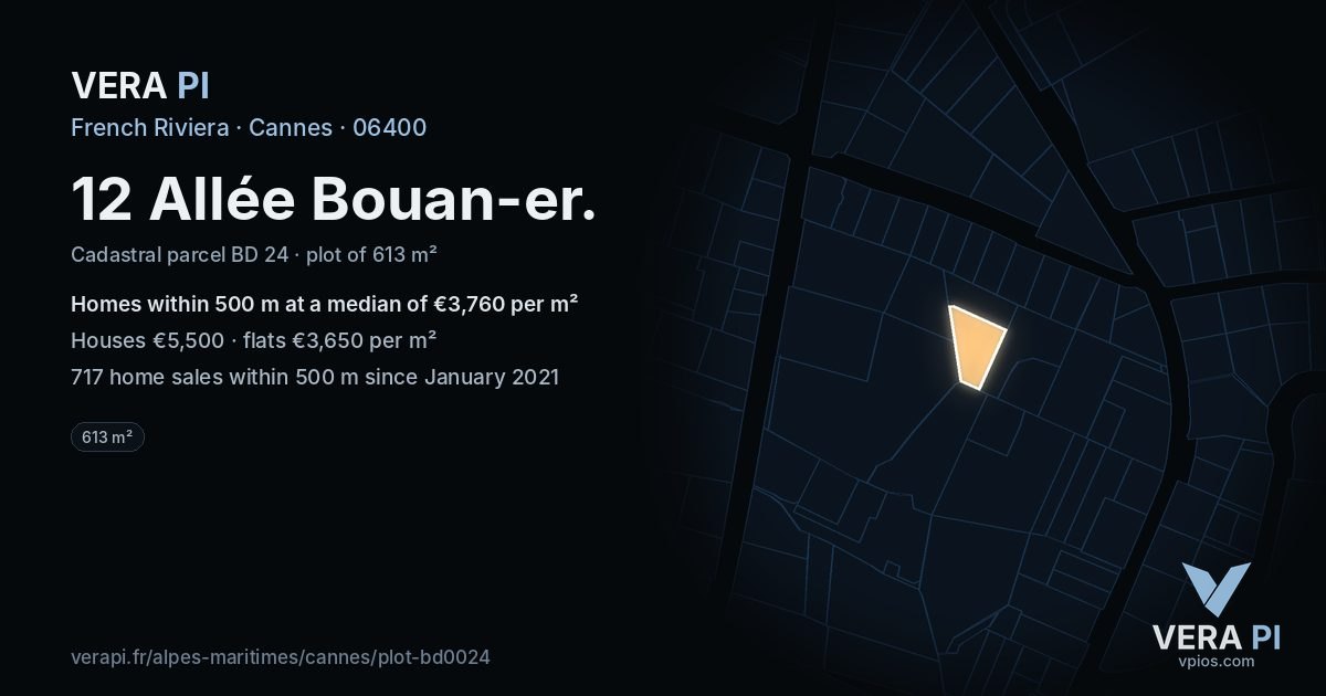 12 Allée Bouan-er, Cannes at night – the plot lit, the parcels around coloured by the prices near them