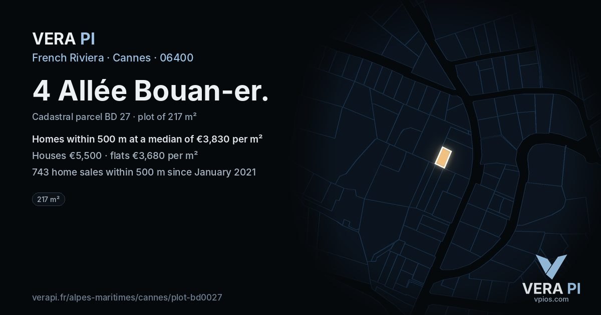 4 Allée Bouan-er, Cannes at night – the plot lit, the parcels around coloured by the prices near them