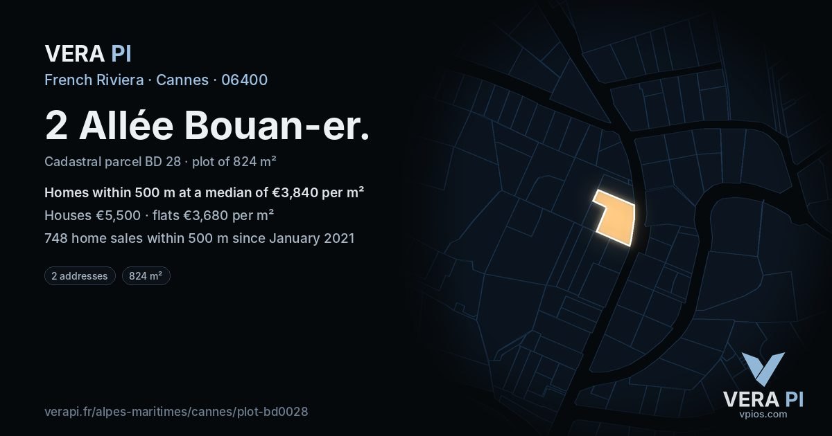 2 Allée Bouan-er, Cannes at night – the plot lit, the parcels around coloured by the prices near them