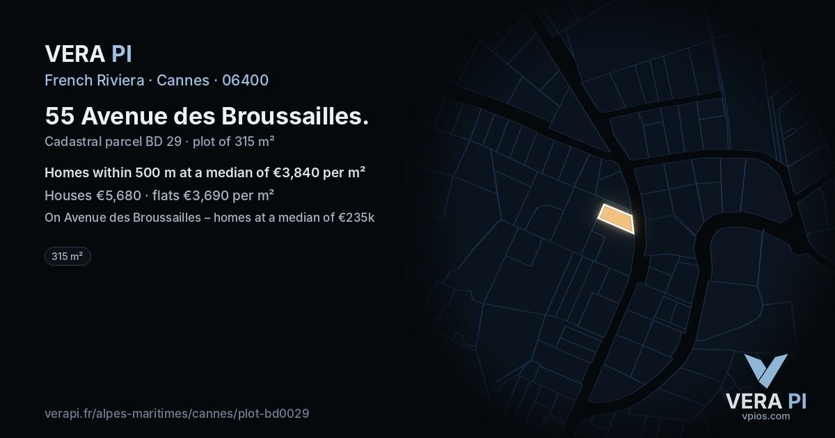 55 Avenue des Broussailles, Cannes at night – the plot lit, the parcels around coloured by the prices near them
