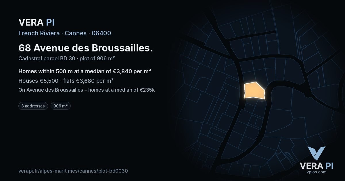 68 Avenue des Broussailles, Cannes at night – the plot lit, the parcels around coloured by the prices near them