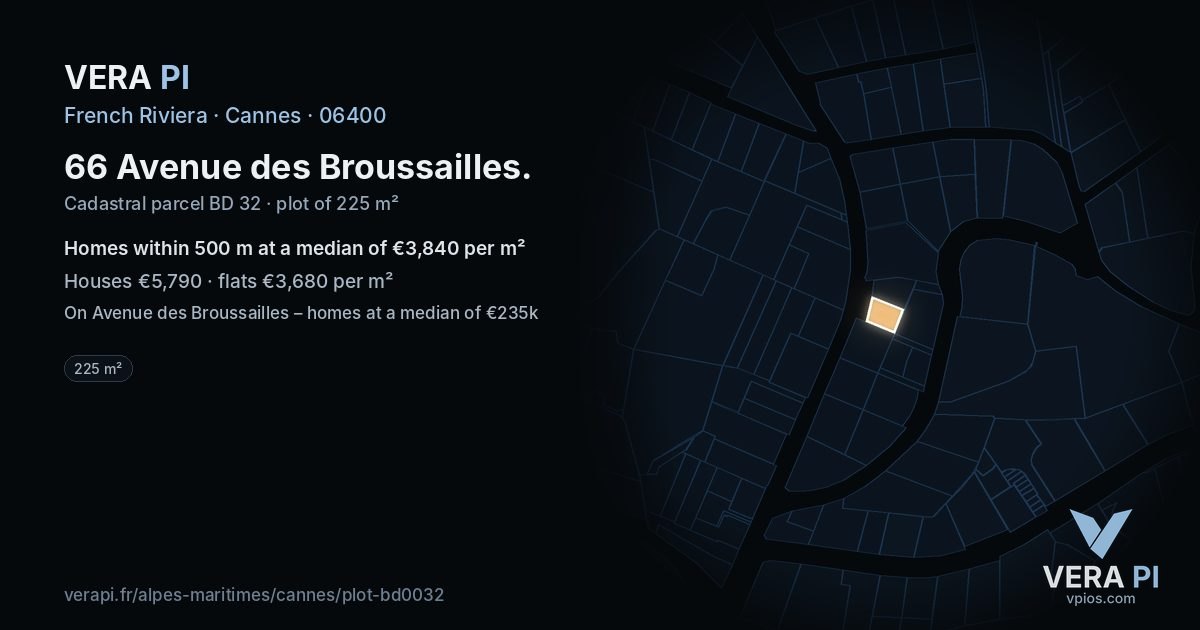 66 Avenue des Broussailles, Cannes at night – the plot lit, the parcels around coloured by the prices near them