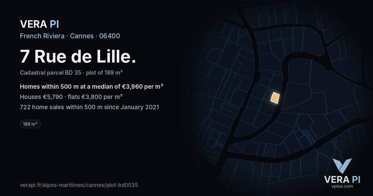 7 Rue de Lille, Cannes at night – the plot lit, the parcels around coloured by the prices near them