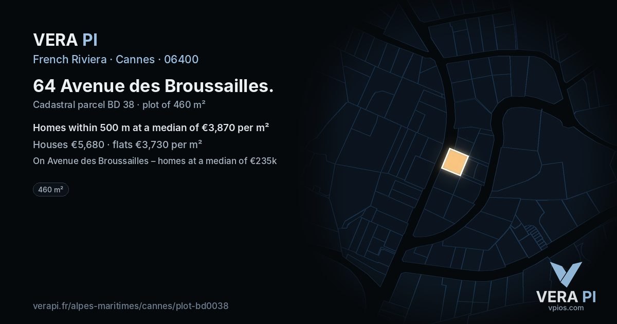 64 Avenue des Broussailles, Cannes at night – the plot lit, the parcels around coloured by the prices near them