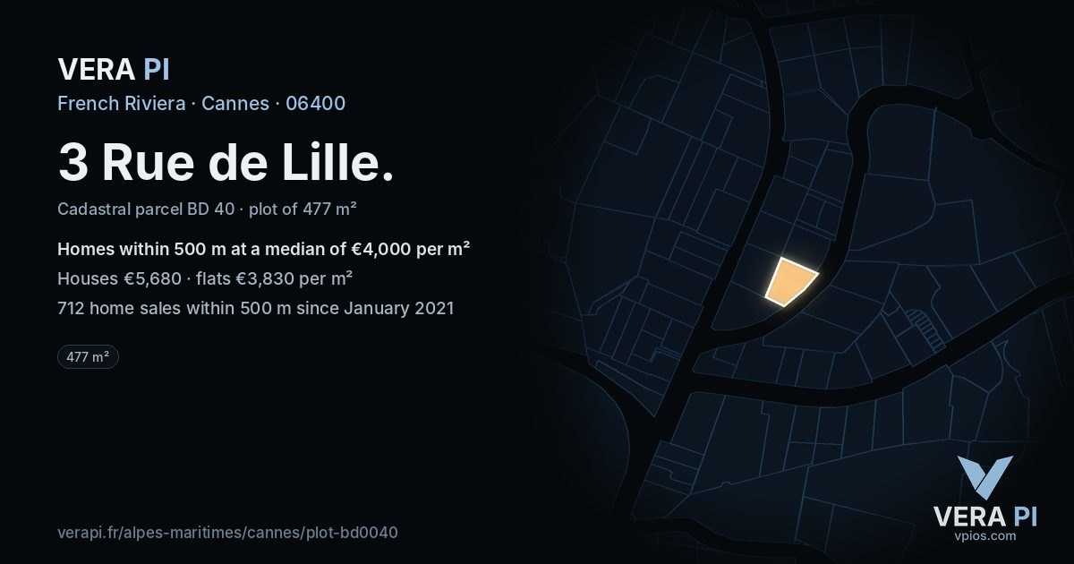 3 Rue de Lille, Cannes at night – the plot lit, the parcels around coloured by the prices near them