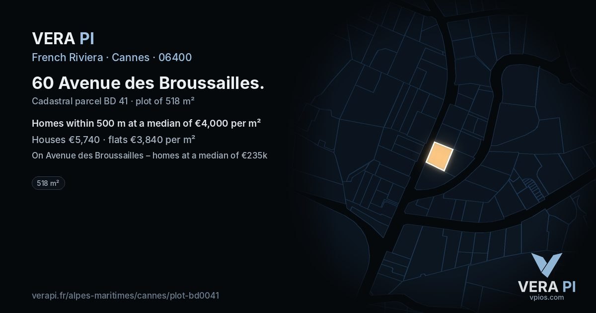 60 Avenue des Broussailles, Cannes at night – the plot lit, the parcels around coloured by the prices near them