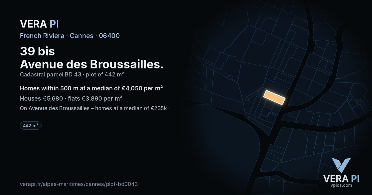 39 bis Avenue des Broussailles, Cannes at night – the plot lit, the parcels around coloured by the prices near them