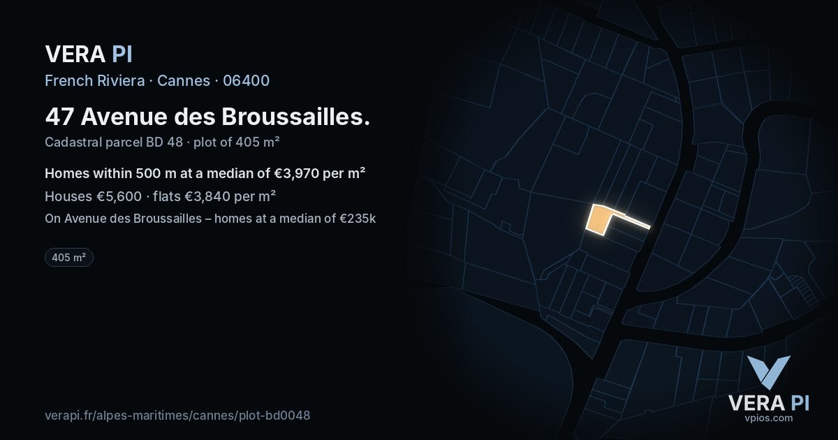 47 Avenue des Broussailles, Cannes at night – the plot lit, the parcels around coloured by the prices near them