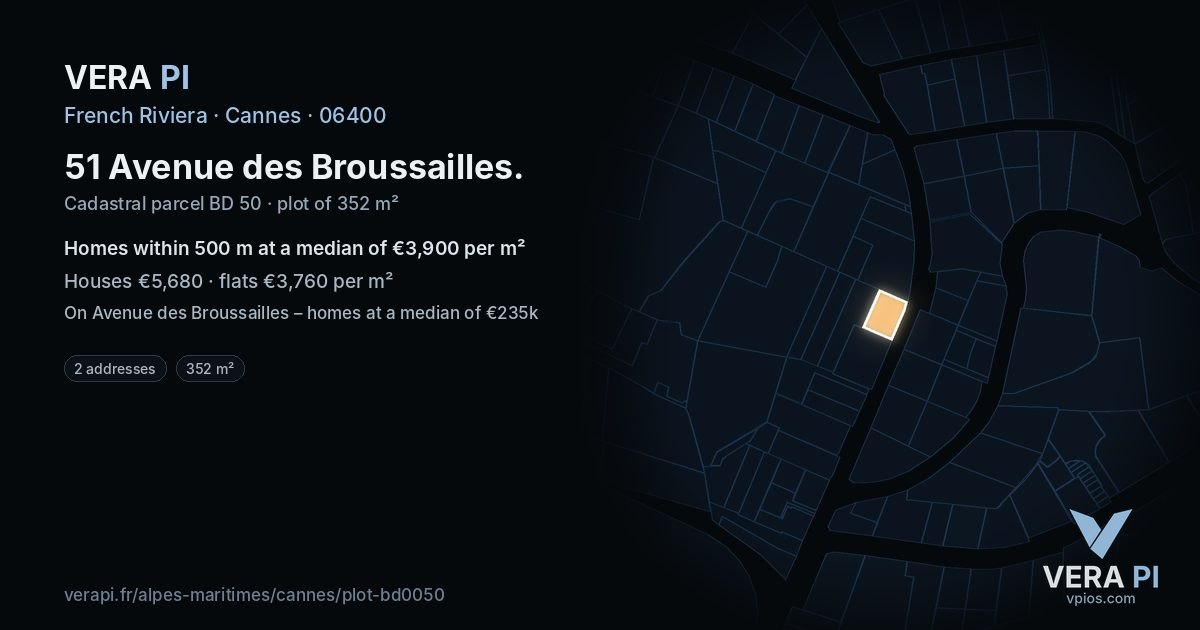 51 Avenue des Broussailles, Cannes at night – the plot lit, the parcels around coloured by the prices near them