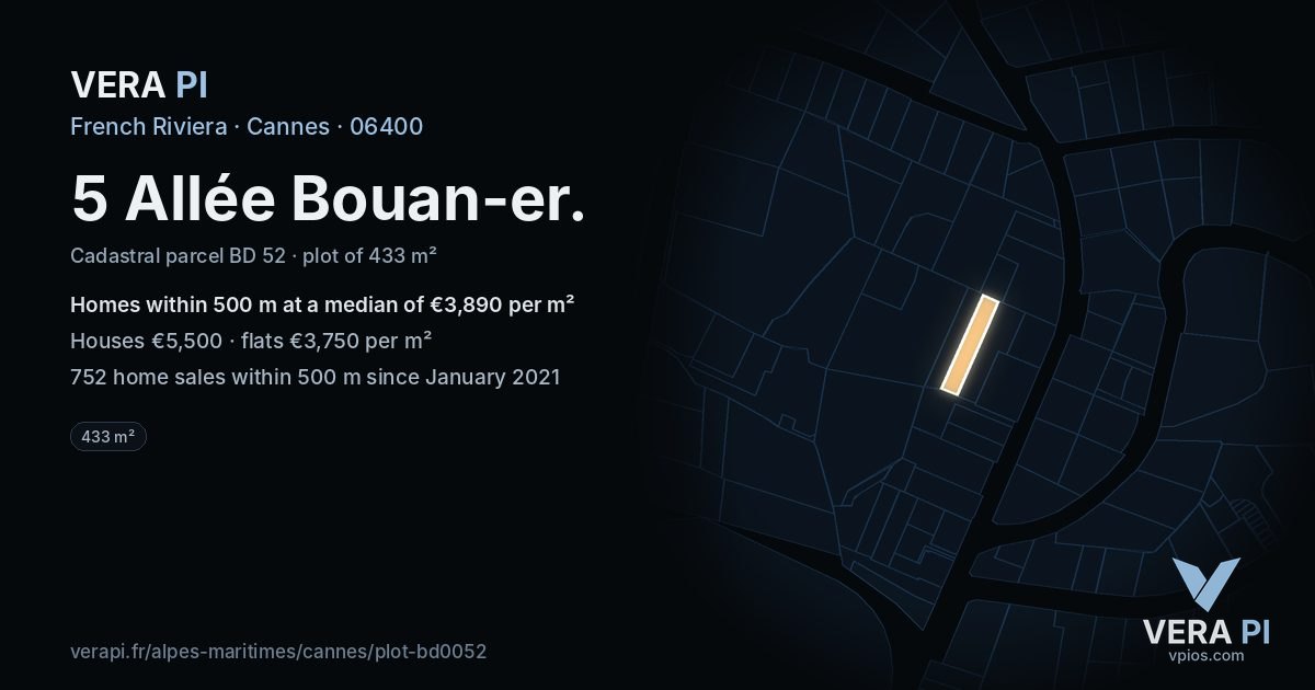5 Allée Bouan-er, Cannes at night – the plot lit, the parcels around coloured by the prices near them