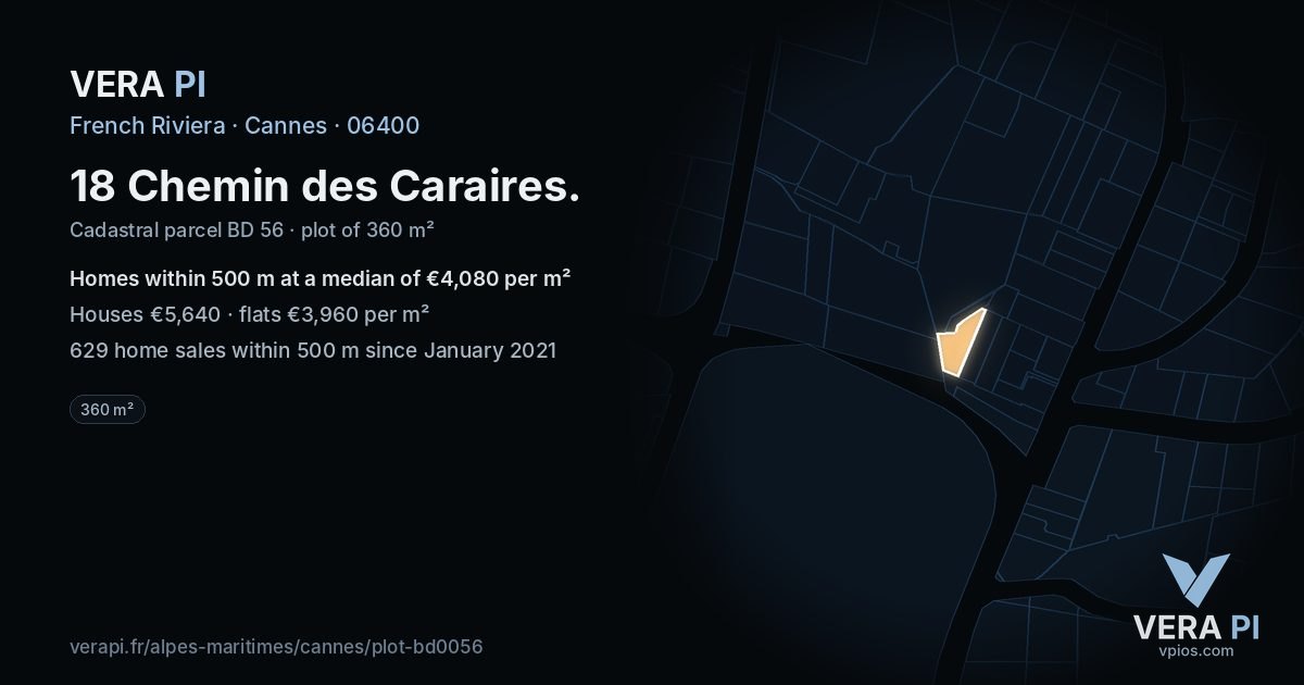 18 Chemin des Caraires, Cannes at night – the plot lit, the parcels around coloured by the prices near them
