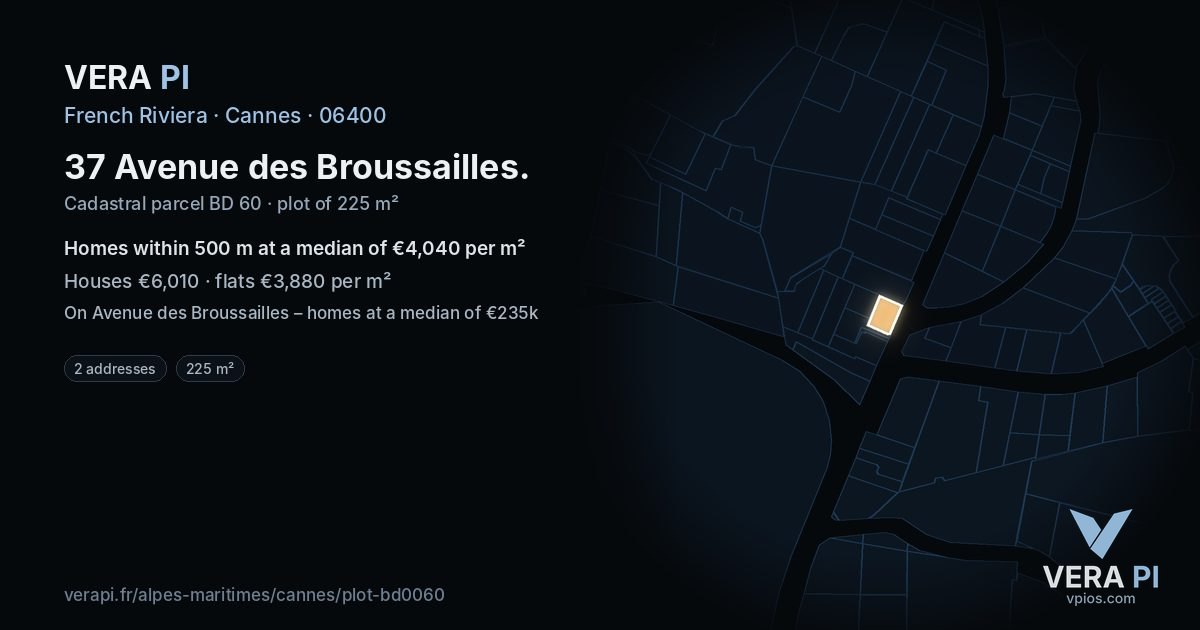 37 Avenue des Broussailles, Cannes at night – the plot lit, the parcels around coloured by the prices near them