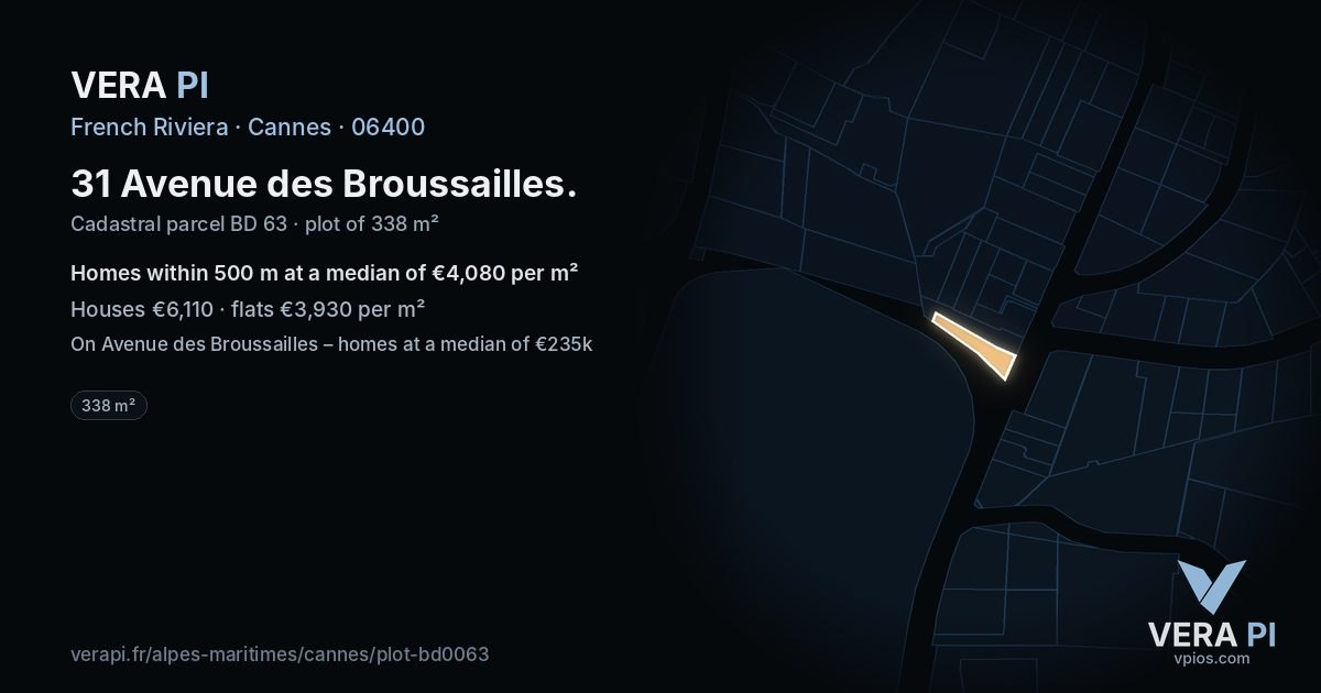 31 Avenue des Broussailles, Cannes at night – the plot lit, the parcels around coloured by the prices near them