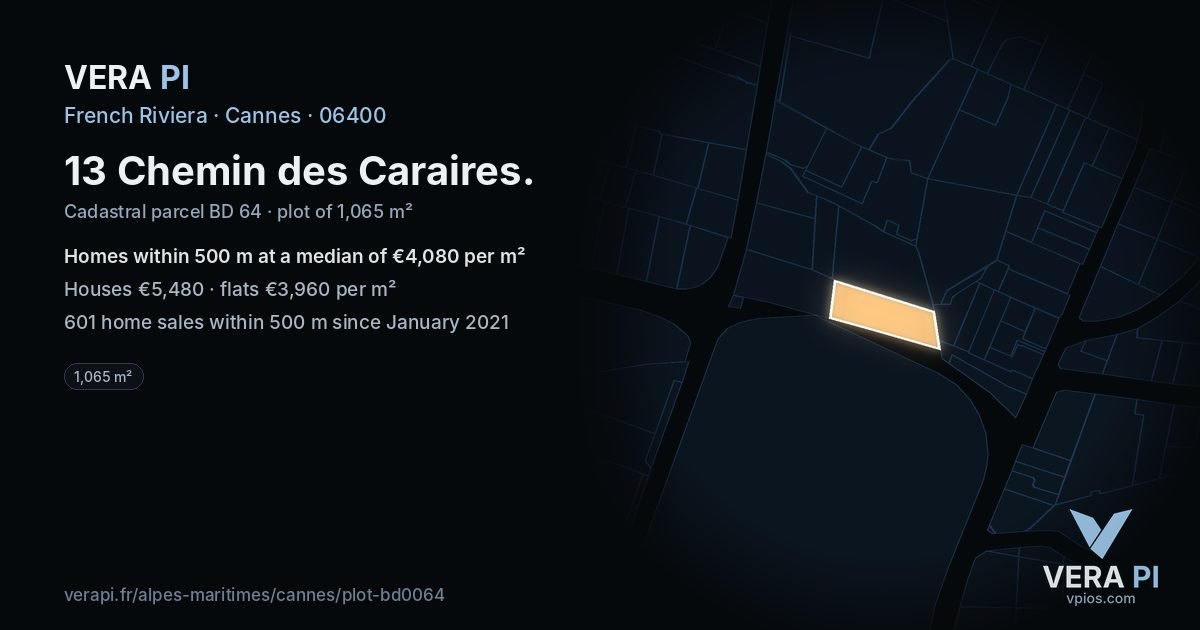13 Chemin des Caraires, Cannes at night – the plot lit, the parcels around coloured by the prices near them