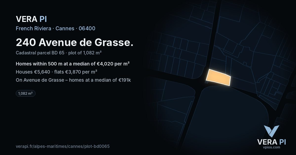 240 Avenue de Grasse, Cannes at night – the plot lit, the parcels around coloured by the prices near them