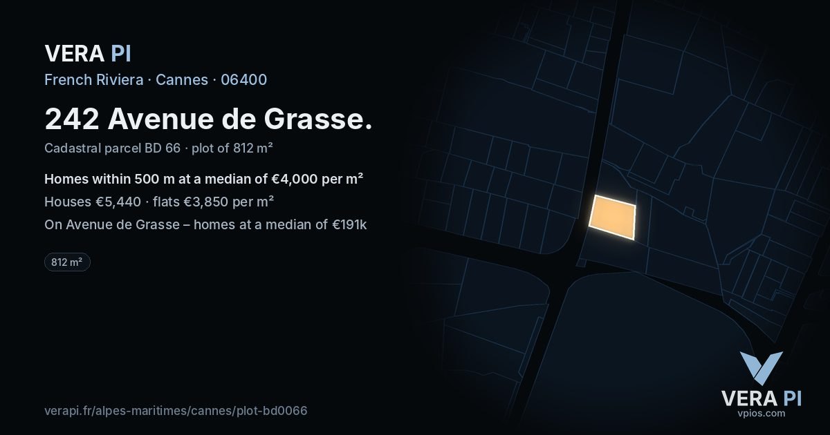 242 Avenue de Grasse, Cannes at night – the plot lit, the parcels around coloured by the prices near them