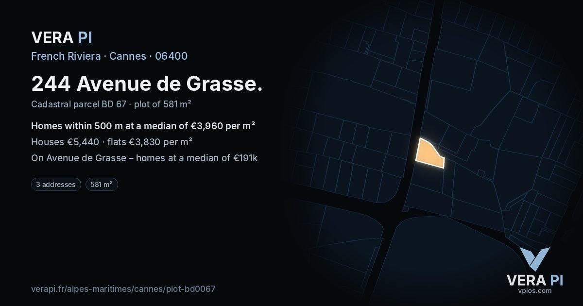 244 Avenue de Grasse, Cannes at night – the plot lit, the parcels around coloured by the prices near them