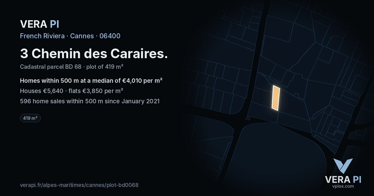 3 Chemin des Caraires, Cannes at night – the plot lit, the parcels around coloured by the prices near them
