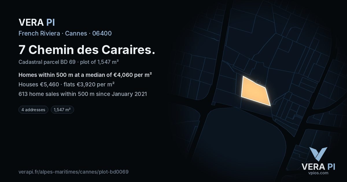 7 Chemin des Caraires, Cannes at night – the plot lit, the parcels around coloured by the prices near them