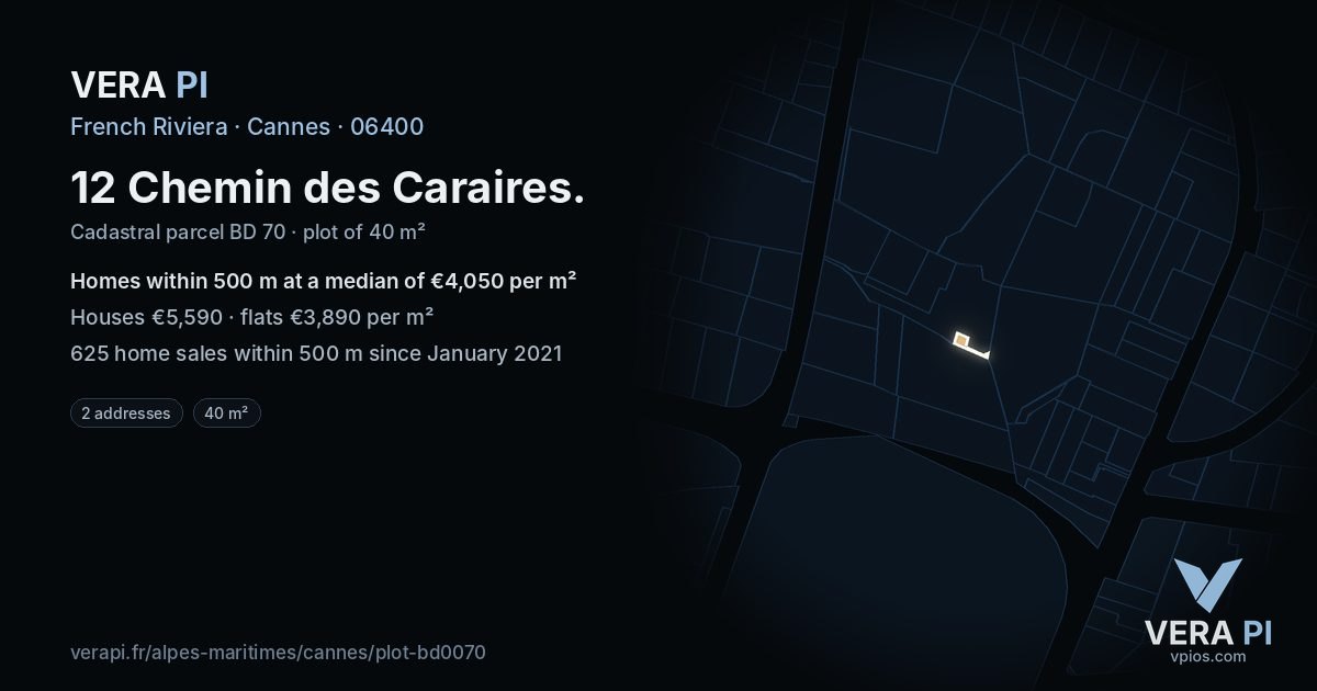 12 Chemin des Caraires, Cannes at night – the plot lit, the parcels around coloured by the prices near them