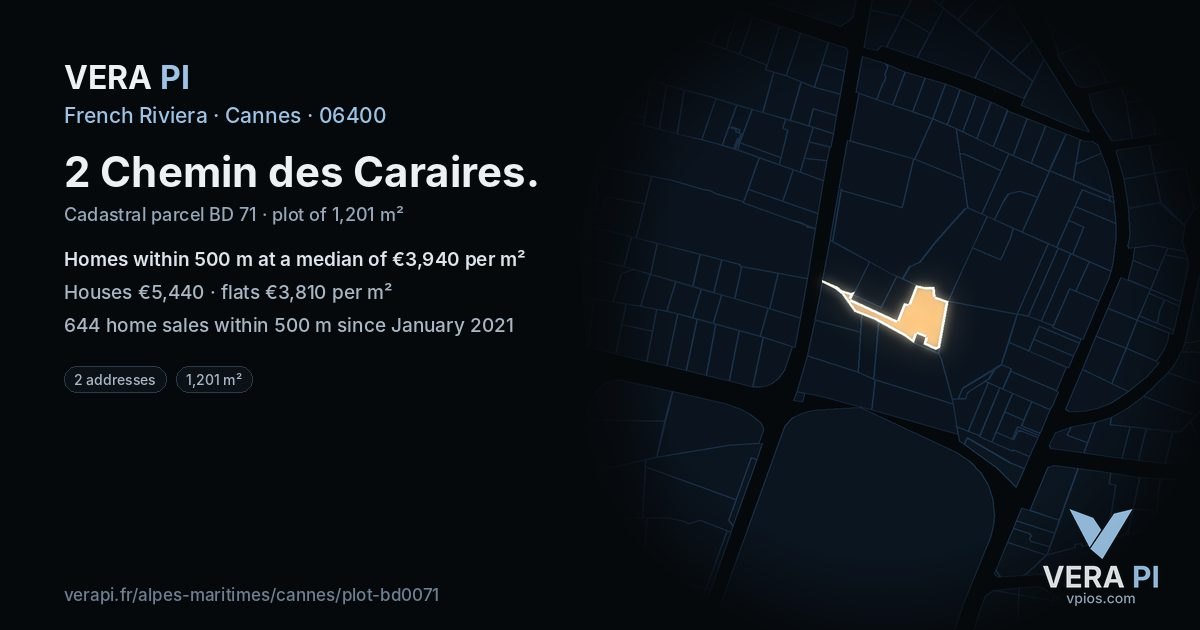 2 Chemin des Caraires, Cannes at night – the plot lit, the parcels around coloured by the prices near them