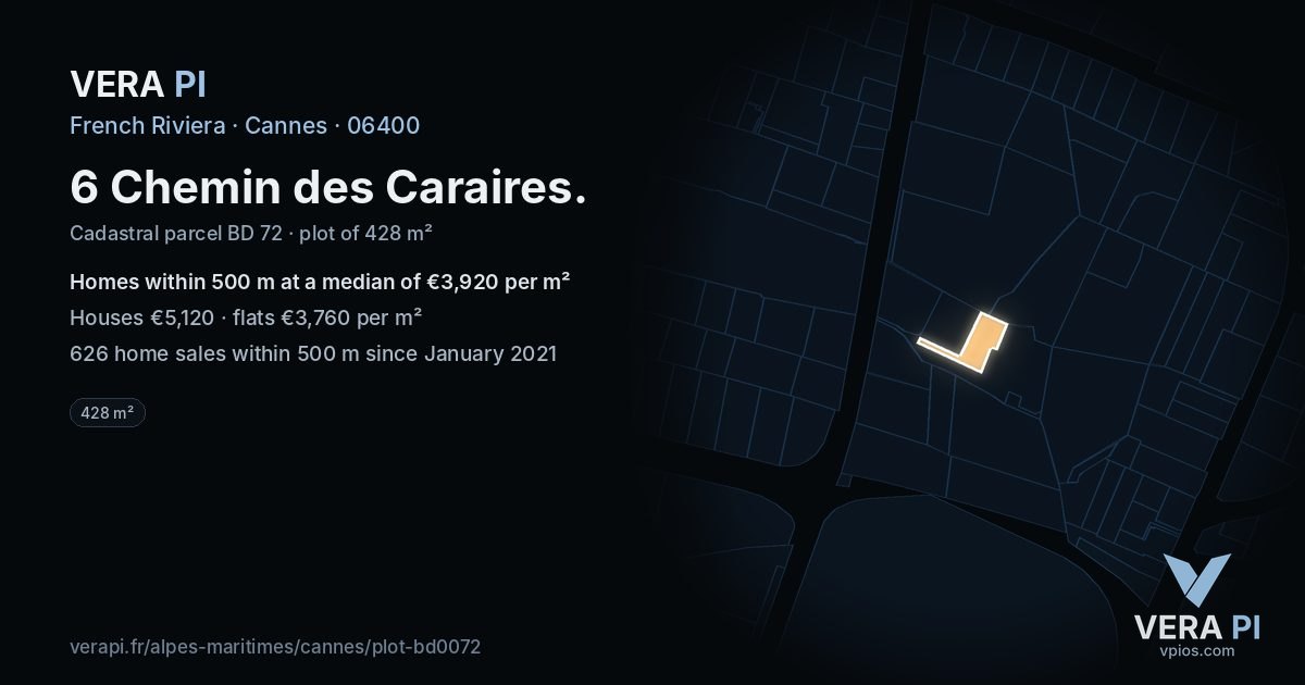 6 Chemin des Caraires, Cannes at night – the plot lit, the parcels around coloured by the prices near them