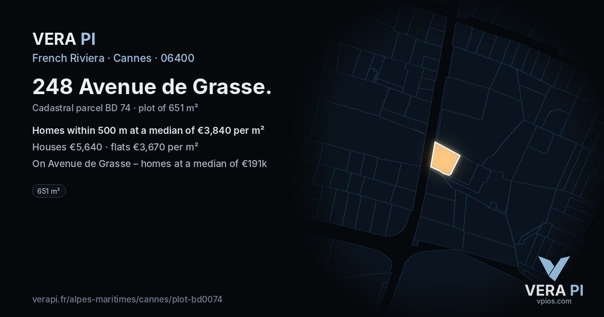 248 Avenue de Grasse, Cannes at night – the plot lit, the parcels around coloured by the prices near them