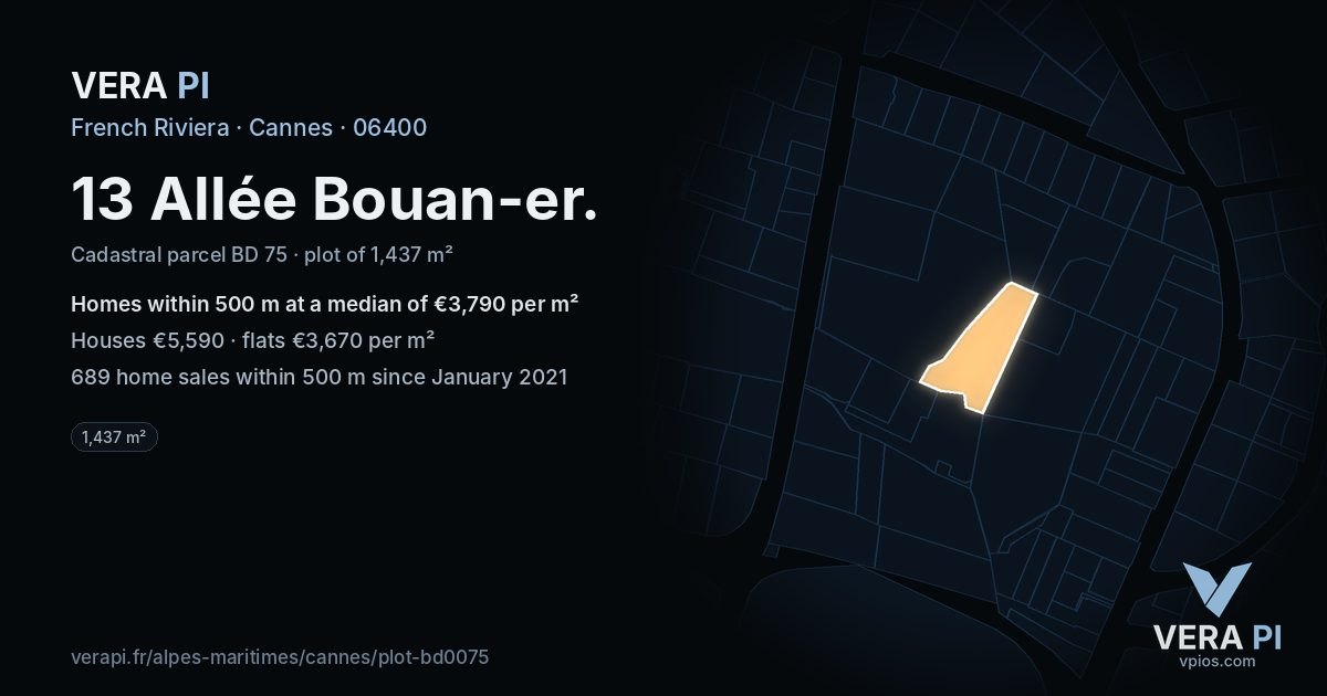 13 Allée Bouan-er, Cannes at night – the plot lit, the parcels around coloured by the prices near them