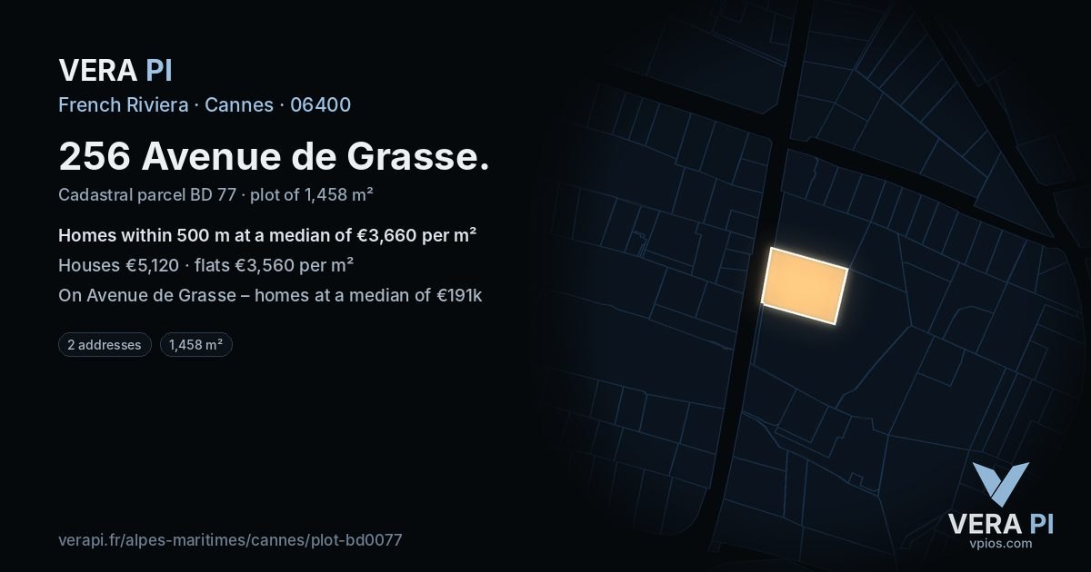 256 Avenue de Grasse, Cannes at night – the plot lit, the parcels around coloured by the prices near them