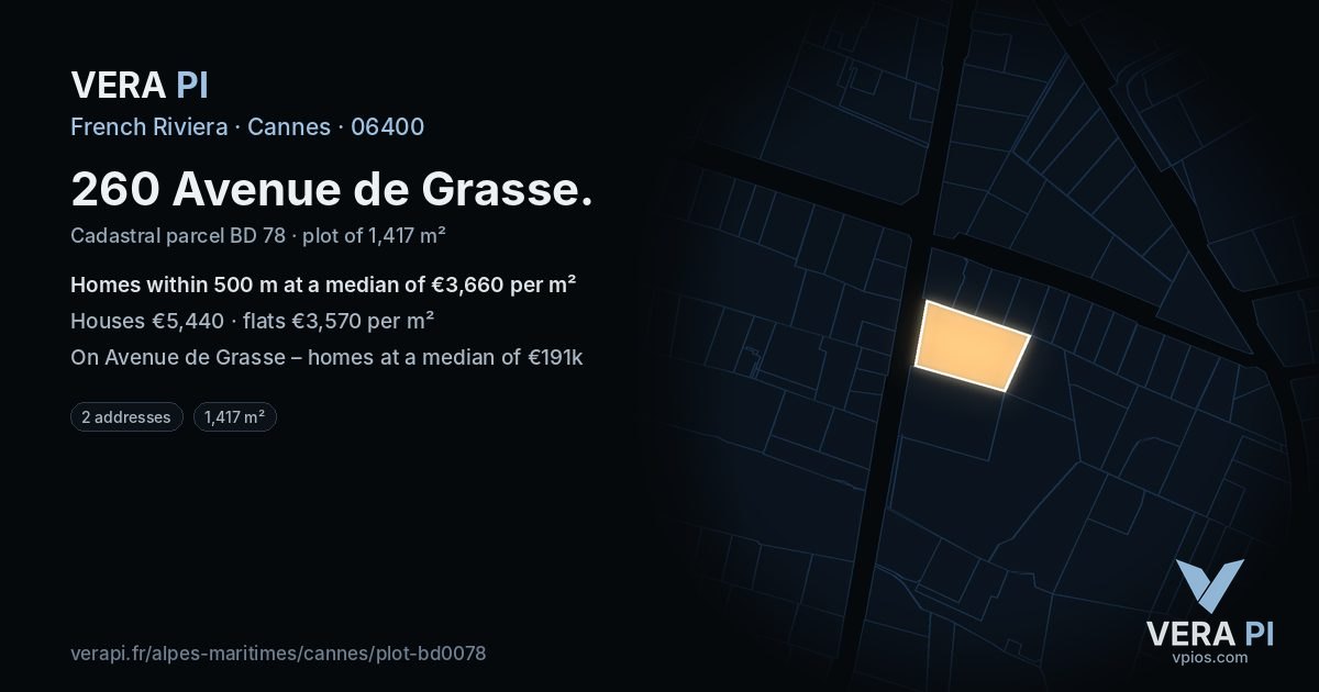 260 Avenue de Grasse, Cannes at night – the plot lit, the parcels around coloured by the prices near them