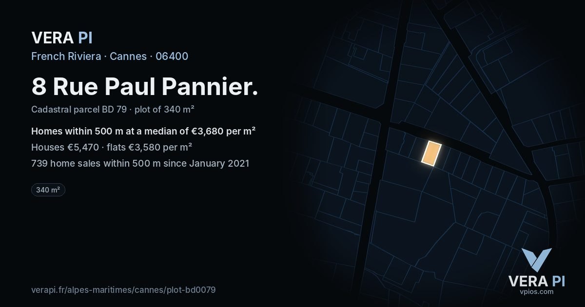 8 Rue Paul Pannier, Cannes at night – the plot lit, the parcels around coloured by the prices near them