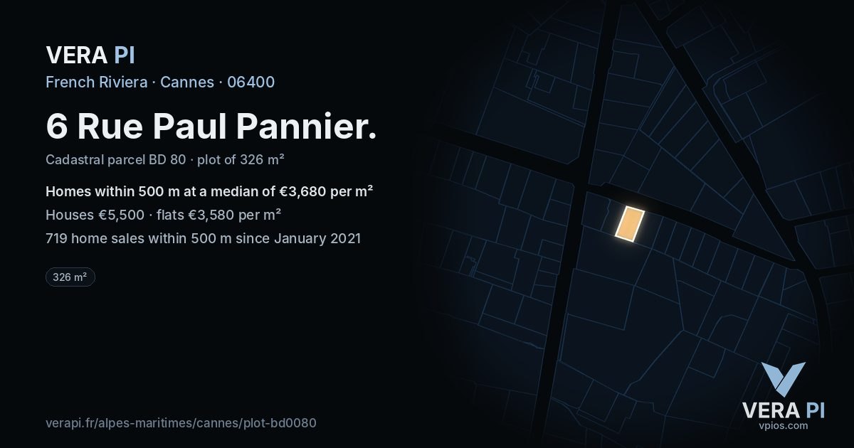 6 Rue Paul Pannier, Cannes at night – the plot lit, the parcels around coloured by the prices near them