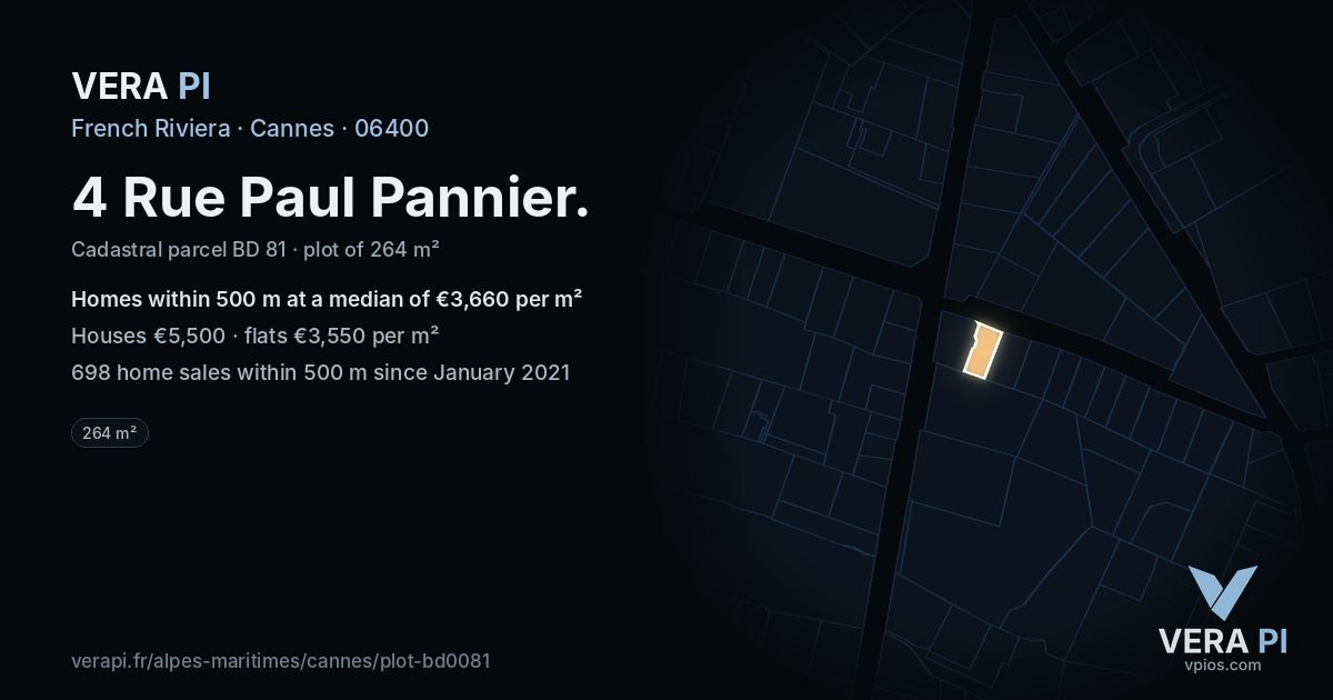 4 Rue Paul Pannier, Cannes at night – the plot lit, the parcels around coloured by the prices near them