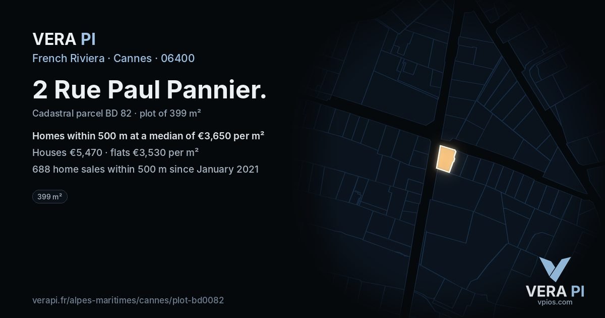 2 Rue Paul Pannier, Cannes at night – the plot lit, the parcels around coloured by the prices near them