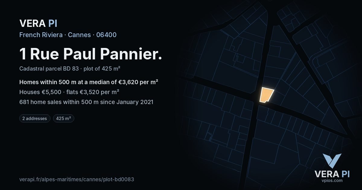 1 Rue Paul Pannier, Cannes at night – the plot lit, the parcels around coloured by the prices near them