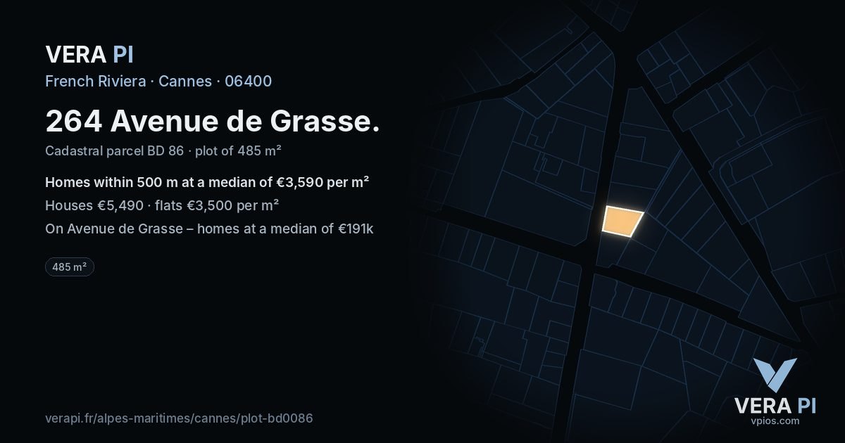 264 Avenue de Grasse, Cannes at night – the plot lit, the parcels around coloured by the prices near them