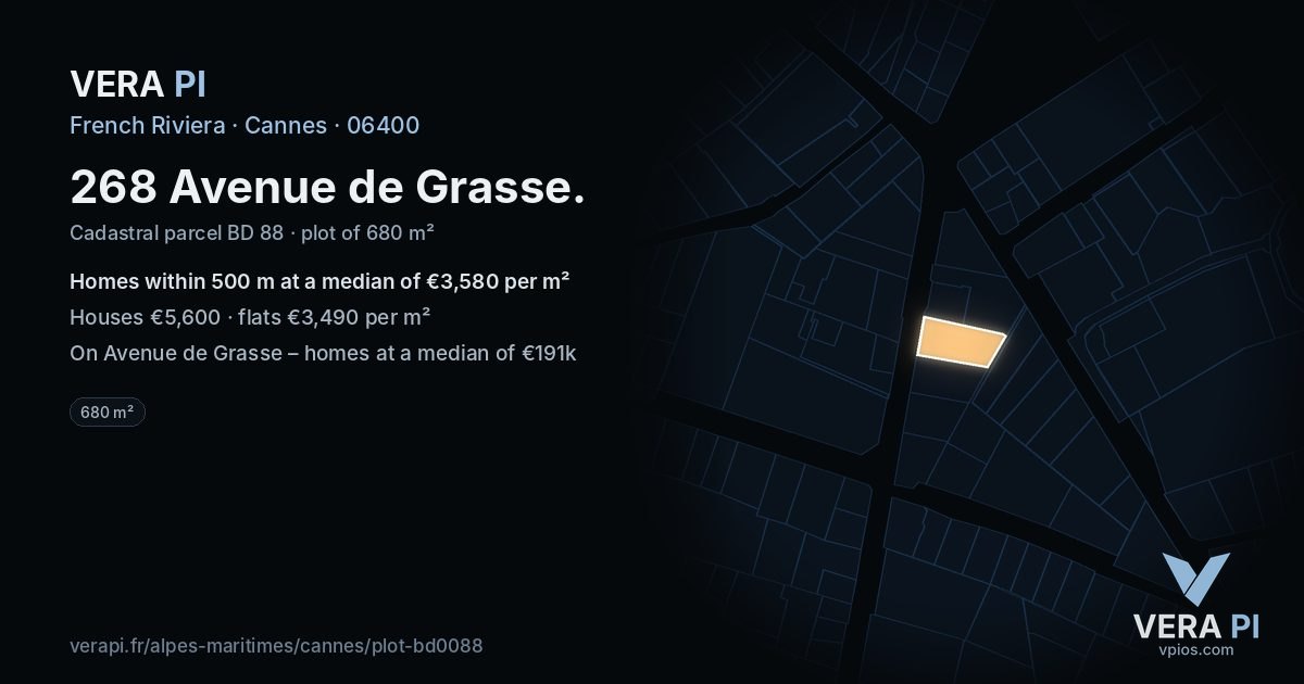 268 Avenue de Grasse, Cannes at night – the plot lit, the parcels around coloured by the prices near them