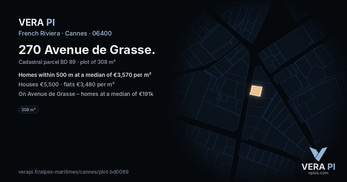 270 Avenue de Grasse, Cannes at night – the plot lit, the parcels around coloured by the prices near them