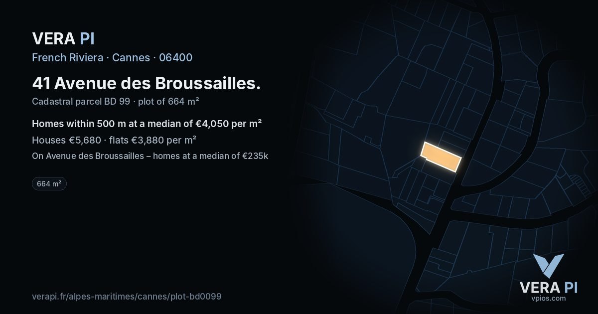 41 Avenue des Broussailles, Cannes at night – the plot lit, the parcels around coloured by the prices near them