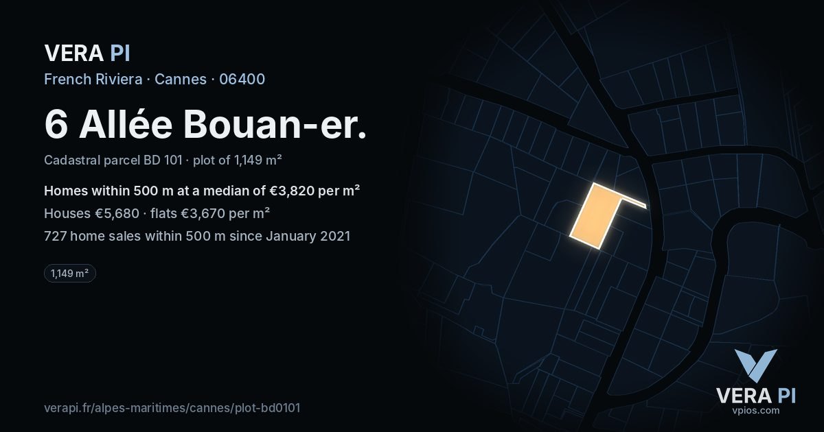 6 Allée Bouan-er, Cannes at night – the plot lit, the parcels around coloured by the prices near them