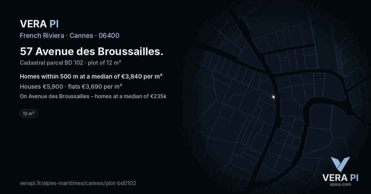 57 Avenue des Broussailles, Cannes at night – the plot lit, the parcels around coloured by the prices near them