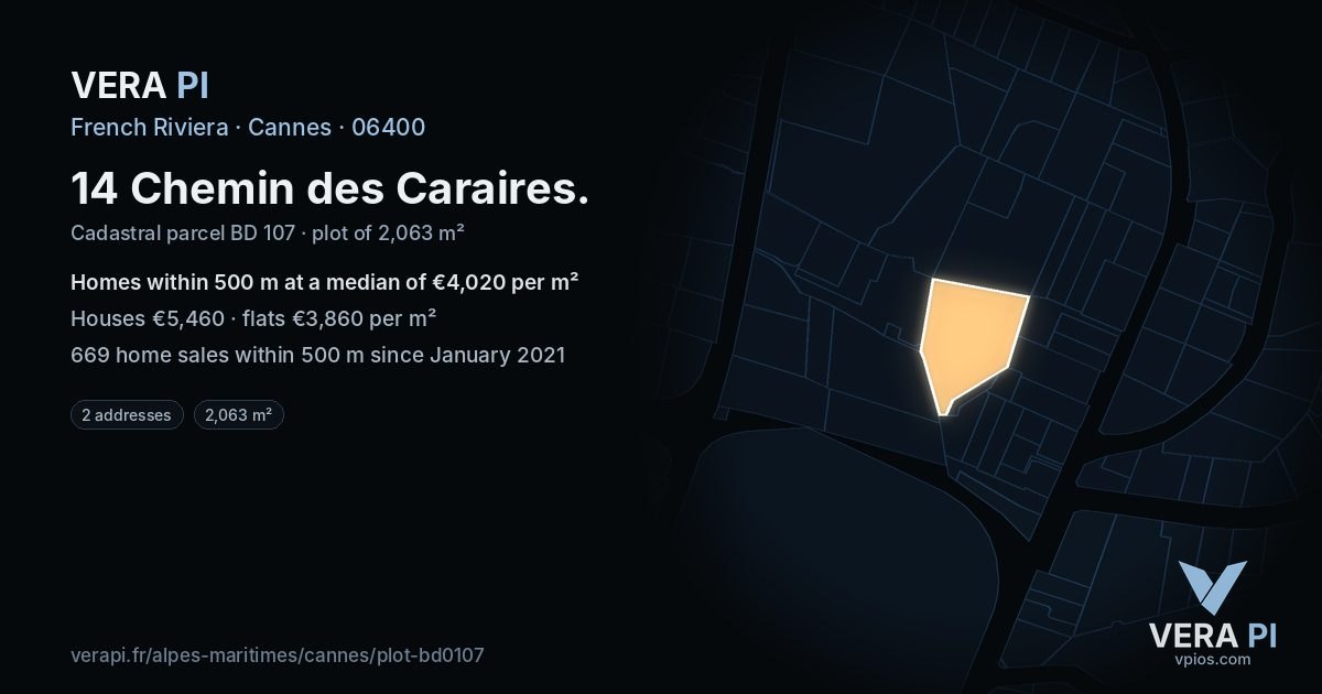 14 Chemin des Caraires, Cannes at night – the plot lit, the parcels around coloured by the prices near them