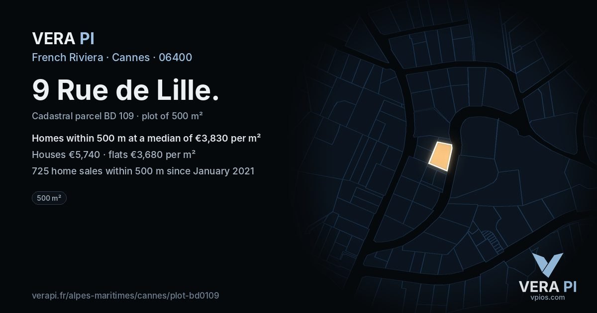 9 Rue de Lille, Cannes at night – the plot lit, the parcels around coloured by the prices near them