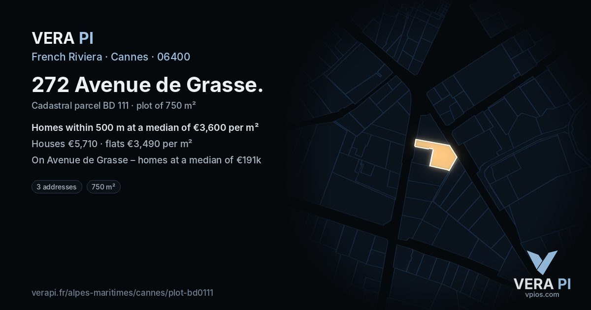 272 Avenue de Grasse, Cannes at night – the plot lit, the parcels around coloured by the prices near them