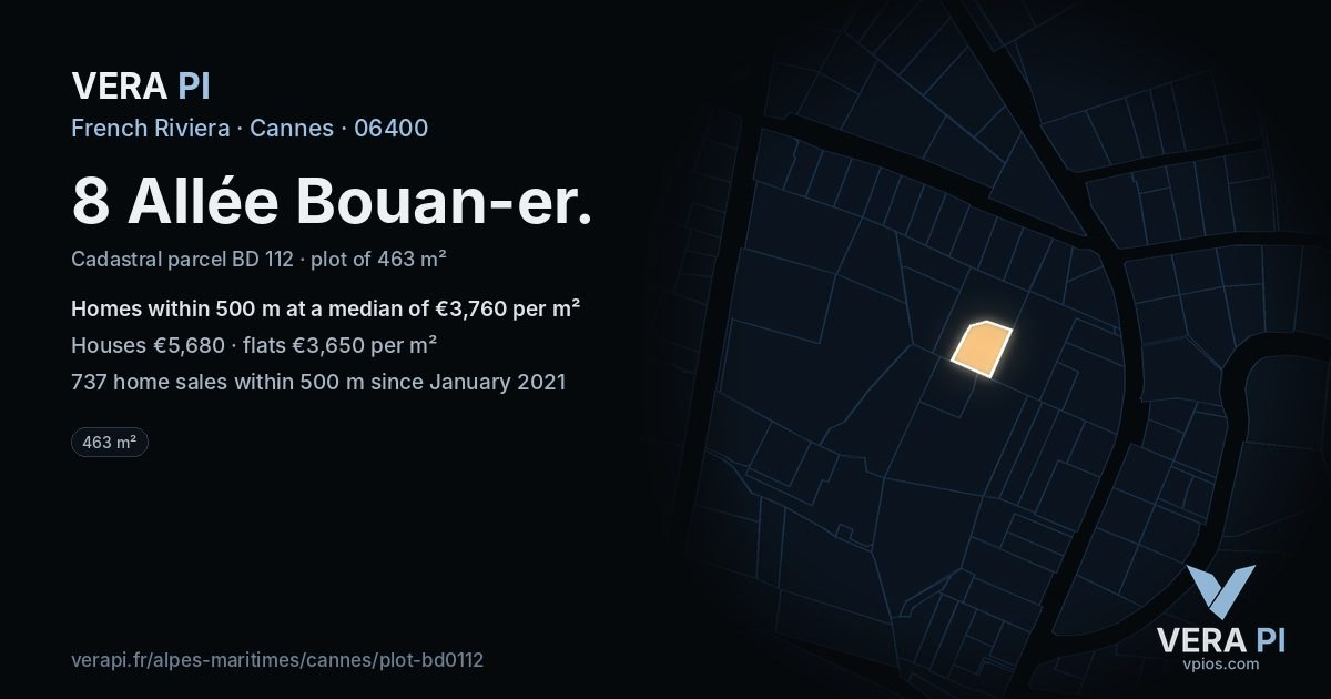 8 Allée Bouan-er, Cannes at night – the plot lit, the parcels around coloured by the prices near them