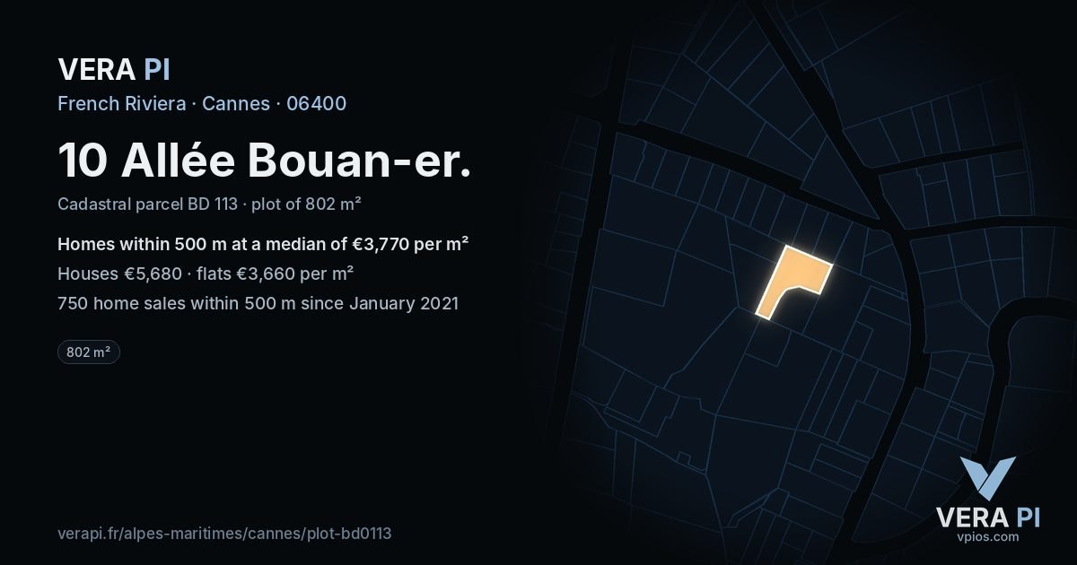 10 Allée Bouan-er, Cannes at night – the plot lit, the parcels around coloured by the prices near them