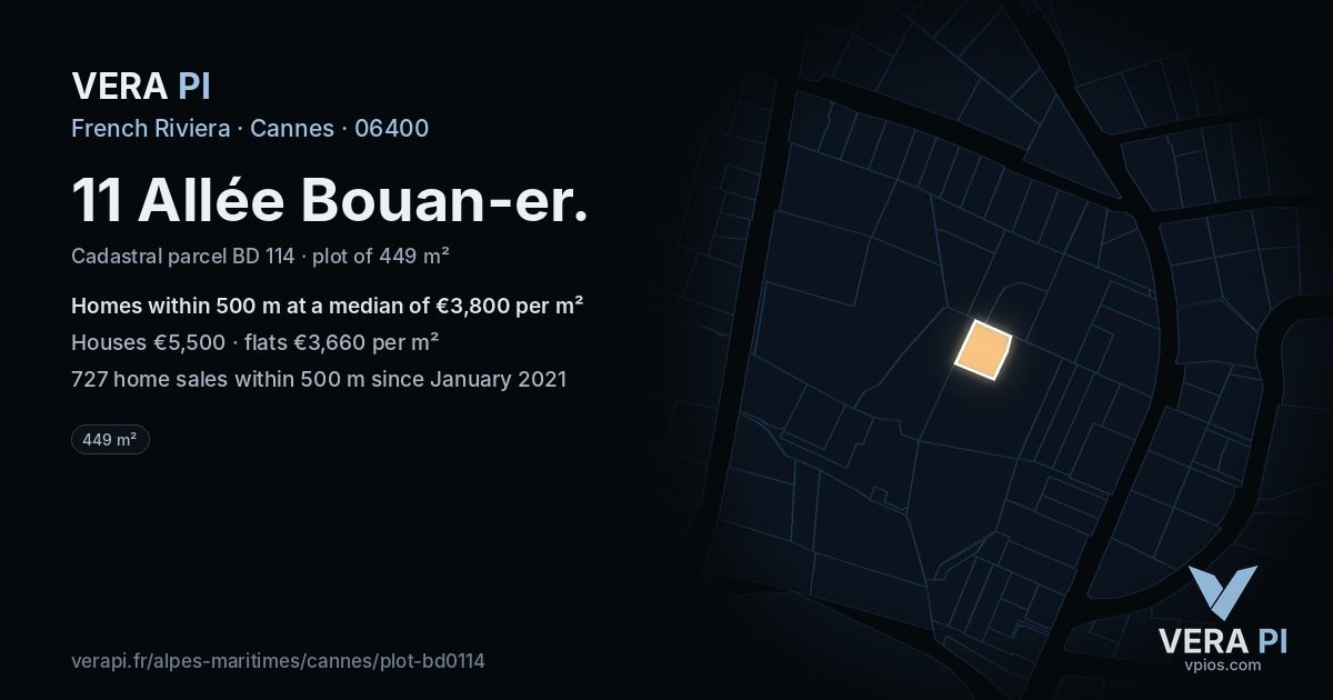 11 Allée Bouan-er, Cannes at night – the plot lit, the parcels around coloured by the prices near them