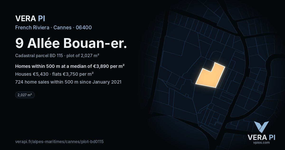 9 Allée Bouan-er, Cannes at night – the plot lit, the parcels around coloured by the prices near them