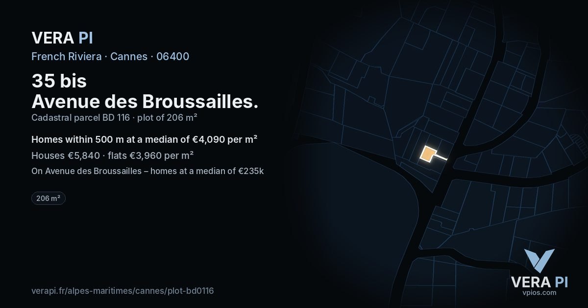 35 bis Avenue des Broussailles, Cannes at night – the plot lit, the parcels around coloured by the prices near them